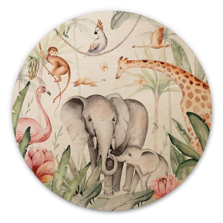 Wandcirkel Hout Afrikaanse dieren in het regenwoud - Kvilis 