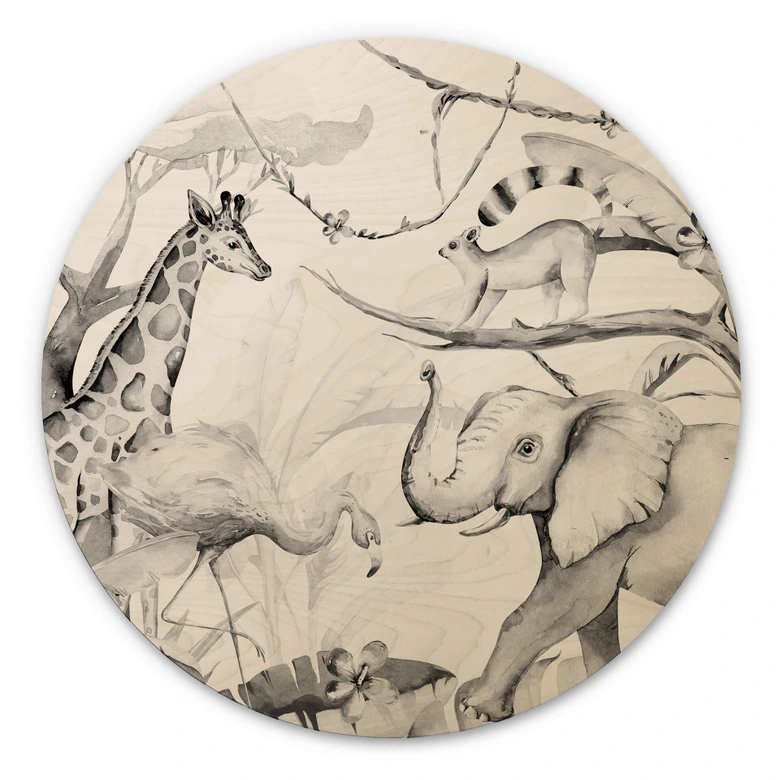 Wandcirkel Hout Kvilis Dierenvrienden in de Jungle zwart-wit 
