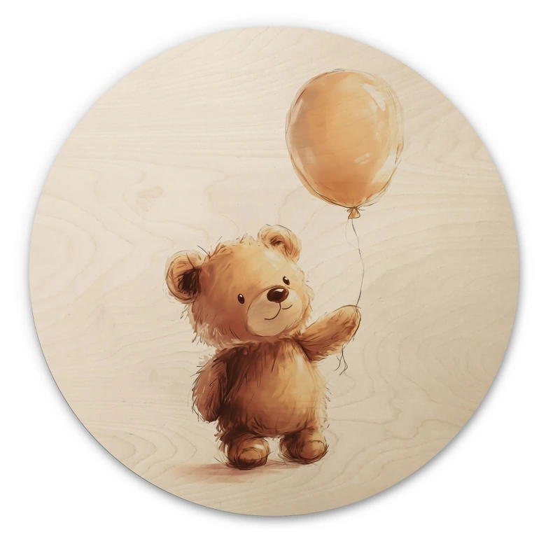 Holzbild für das Babyzimmer - Kleiner Teddybär mit Luftballon - Magnusson - Rund 