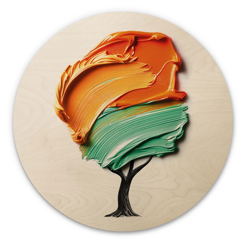 Holzbild Baum mit oranger und grüner 3D-Krone - Mielu - Rund 