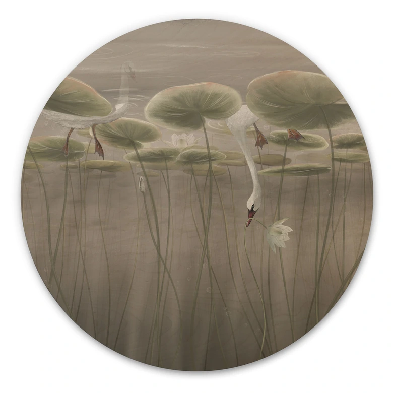 Holzbild Lotusblumen mit Schwan im Wasser in Grau - Ms Tiff - Rund 