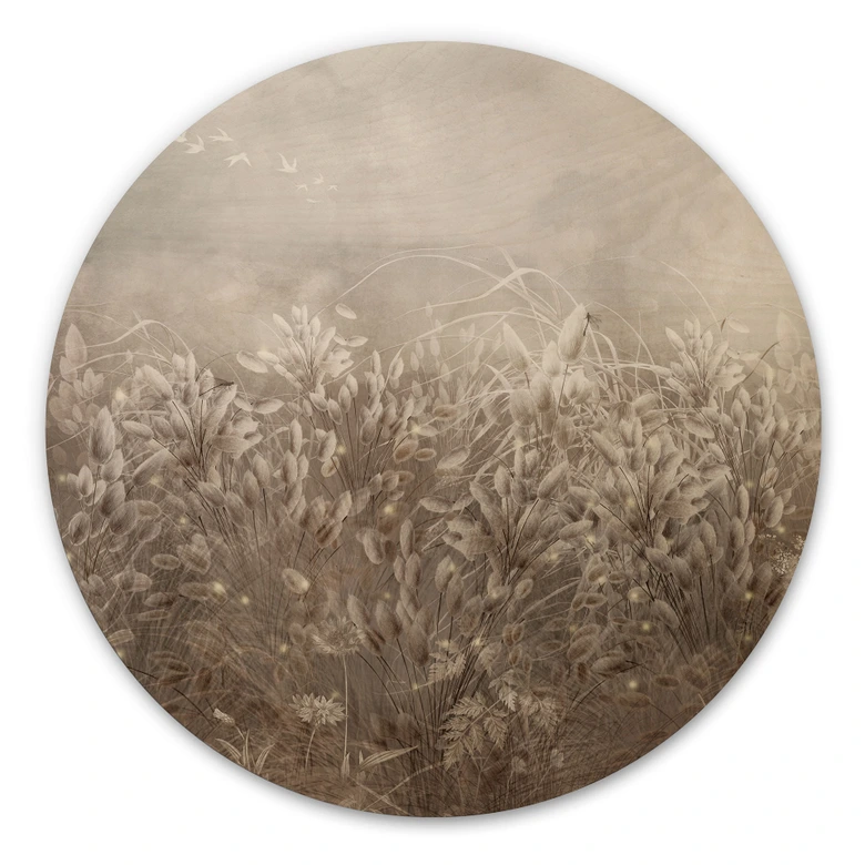 Holzbild Pampasgras und Gräser in Beige - Ms Tiff - Rund 