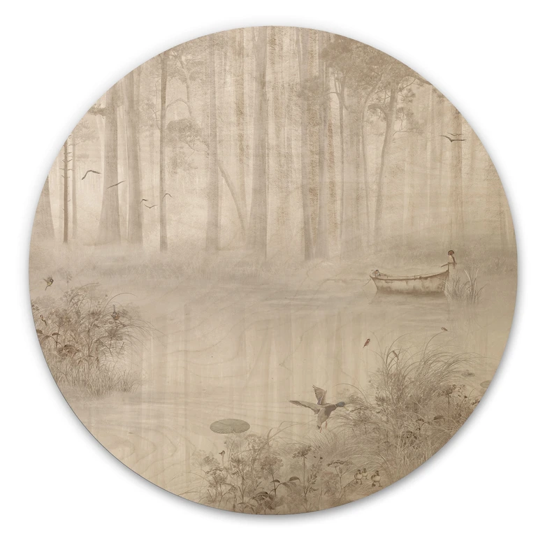 Holzbild Wald am See im Nebel in Beige - Ms Tiff - Rund 