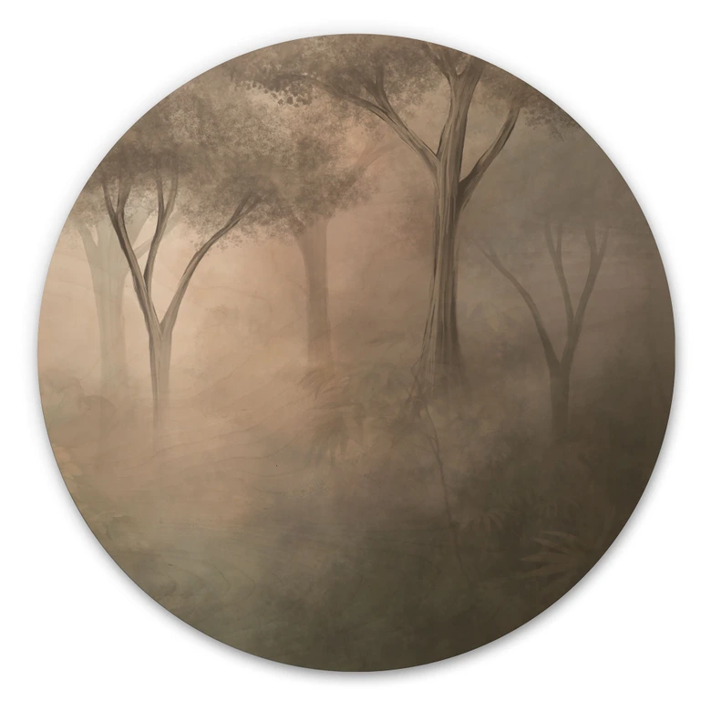 Holzbild Waldmagie im Morgennebel Beige - Ms Tiff - Rund 