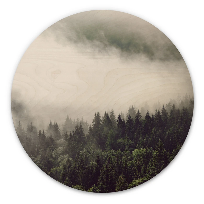 Holzbild Nebel im Wald 02 - Rund 