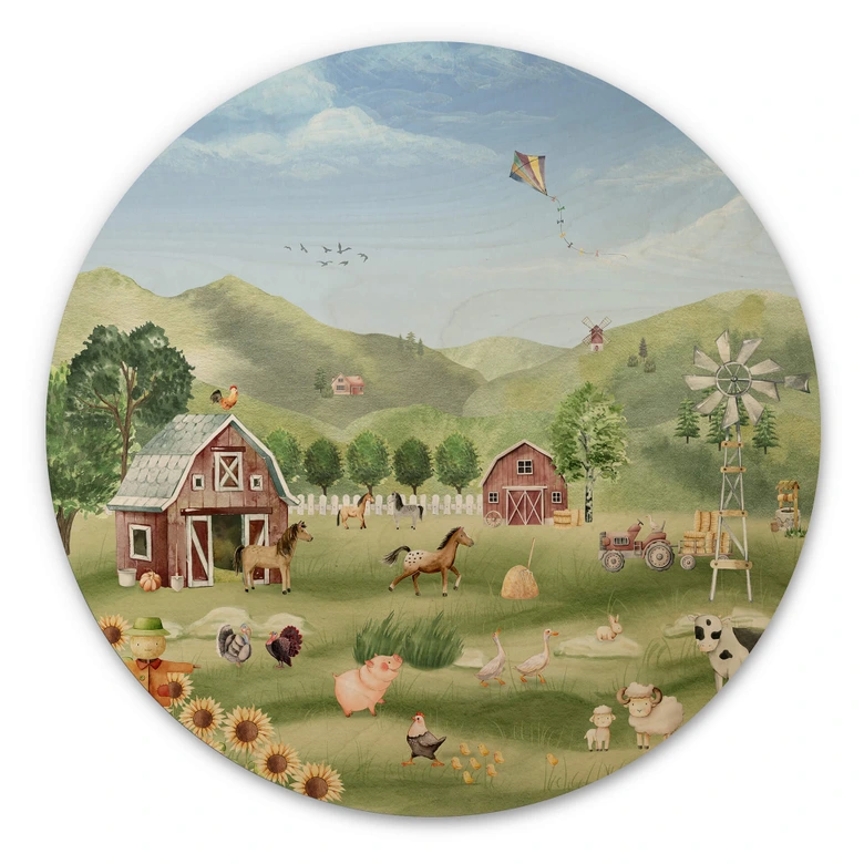 Kinderzimmer Holzbild - Oliver Robins - Bunter Bauernhof mit Tieren - Rund 