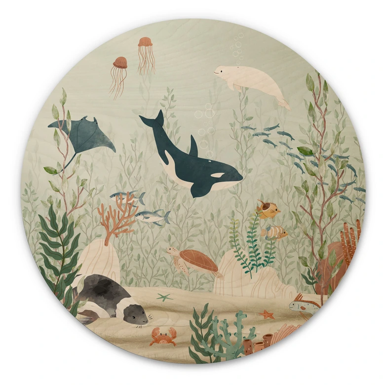 Holzbild Meerestiere tief im Ozean - Oliver Robins - Rund 