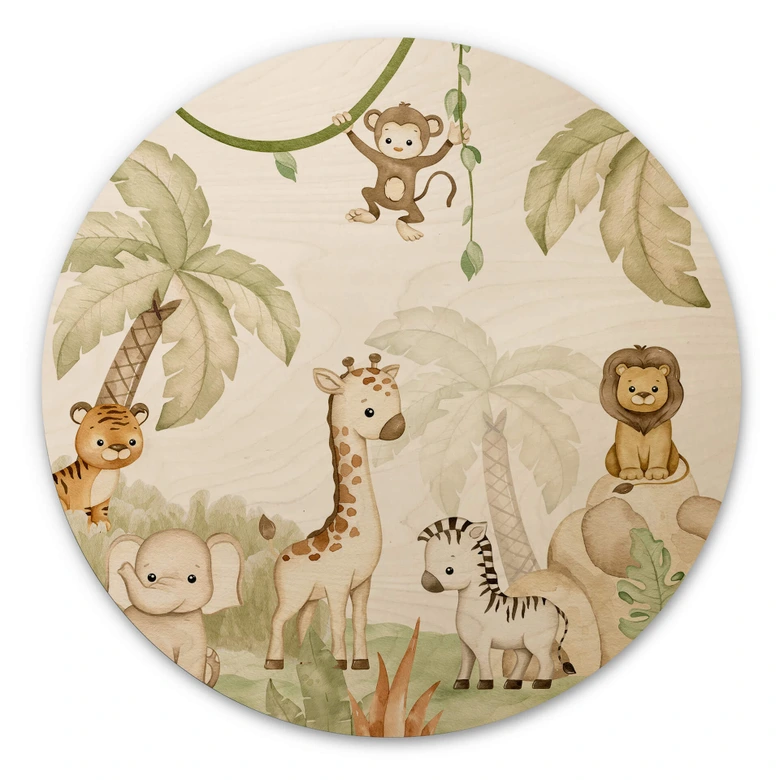 Holzbild Oliver Robins - Niedliche Tiere unter Palmen - Rund 