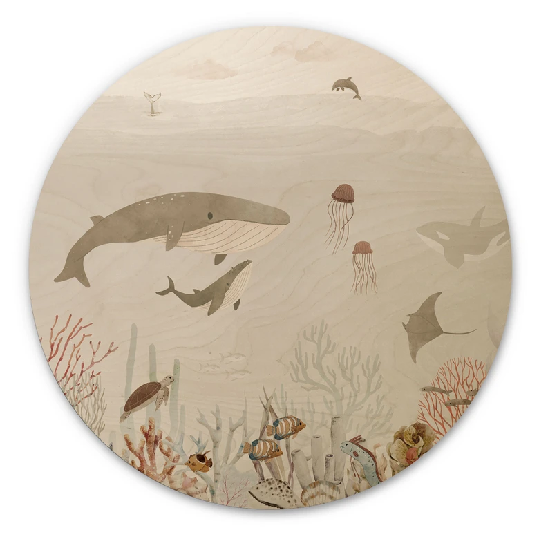 Tableau sur bois pour enfants - Baleines et leurs amis dans le monde sous-marin - Oliver Robins - Rond 