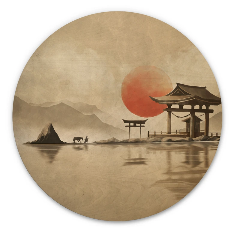 Holzbild Japanischer Tempel im Sonnenaufgang - Roze - Rund 