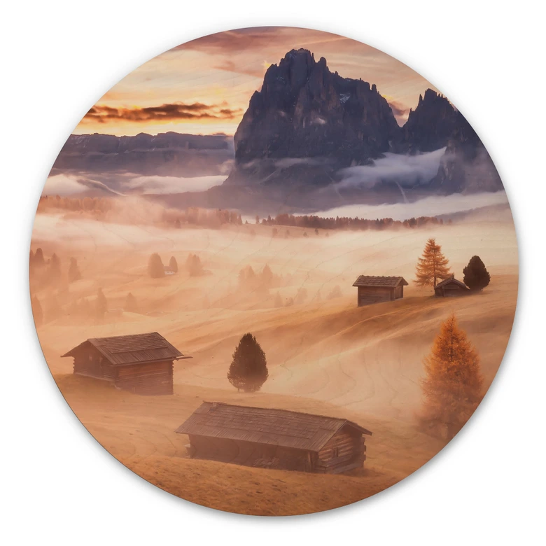 Holzbild Herbstnebel in den Alpen - Selagea - Rund 