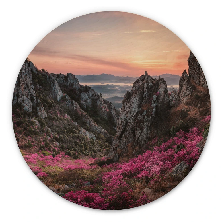 Holzbild Seo - Felsige Landschaft im Sonnenuntergang - Rund 