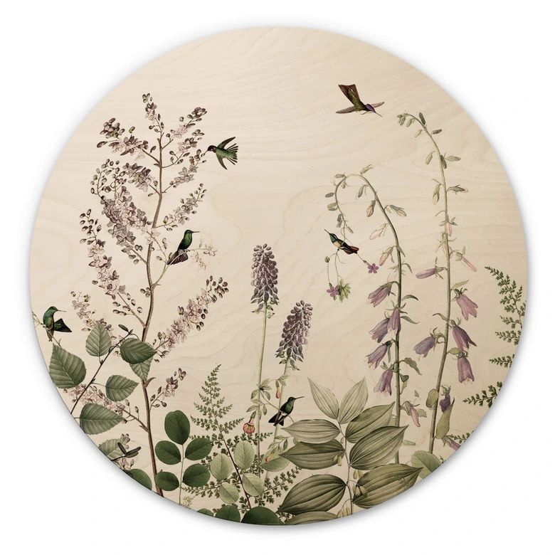 Cuadro de madera Sir Edward - Colibríes en el jardín - Redondo 
