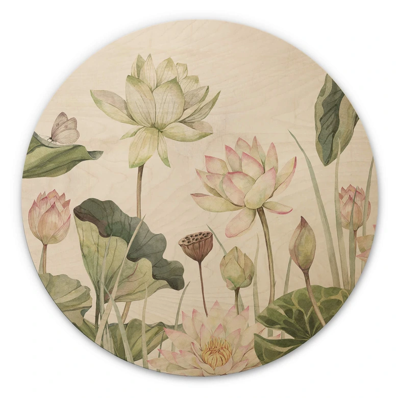 Tableau sur bois rond Sir Edward - Idylle de nénuphars au pastel 
