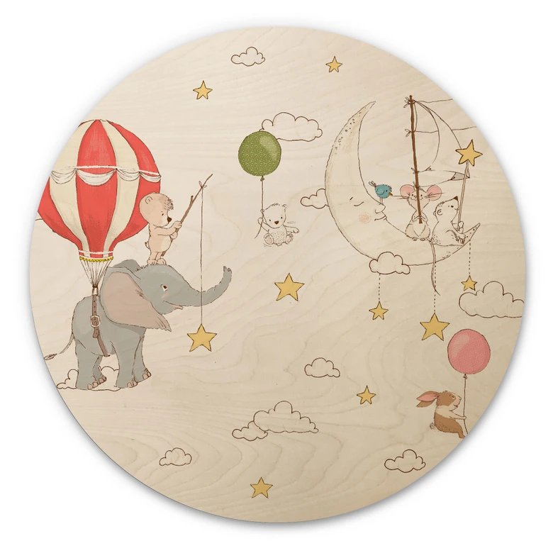 Cuadro de madera Animales voladores con globo aerostático - Skellern - Redondo 