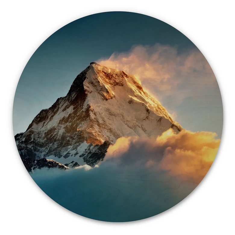 Holzbild Sonnenaufgang über dem schneebedeckten Berg - Annapurna Himal - Rund 