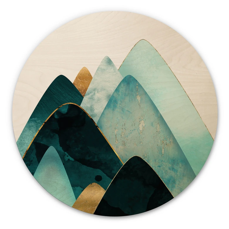 Holzbild Abstrakte Berge in Gold und Blau - SpaceFrog Designs - Rund 