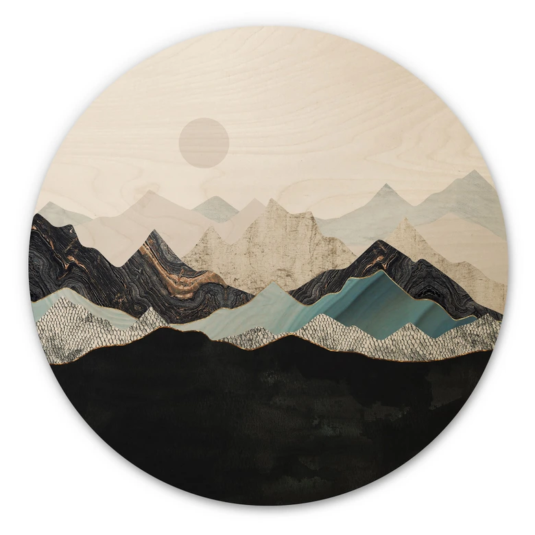 Holzbild Ruhige Berglandschaft in der Dämmerung - SpaceFrog Designs - Rund 