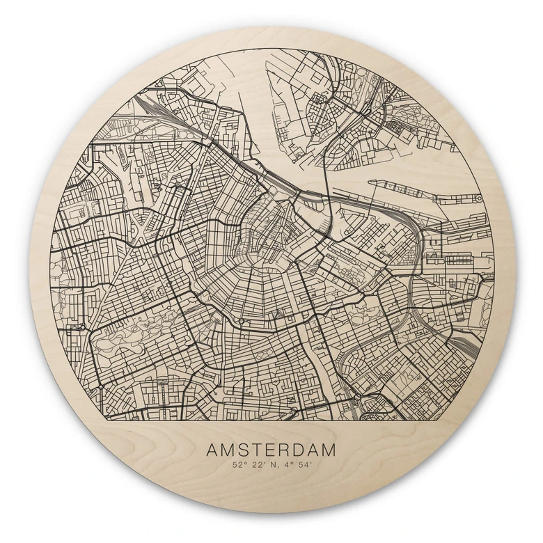 Tableau sur bois rond plan d'Amsterdam 