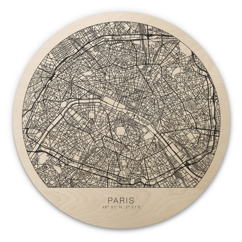 Tableau sur bois rond plan de Paris 