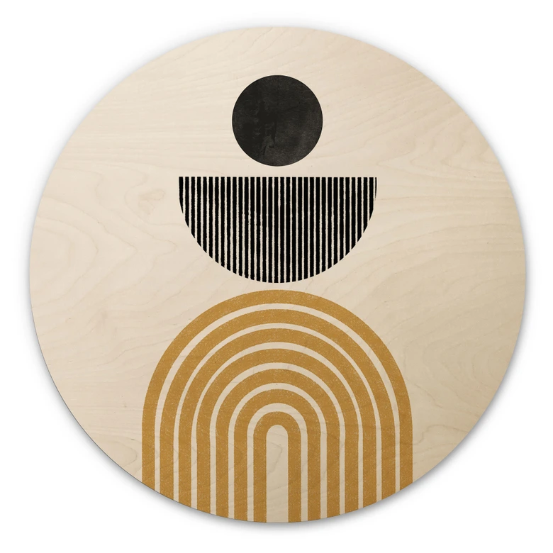Tableau sur bois rond Composition abstraite avec cercle et demi-arc - The Miuus Studio 
