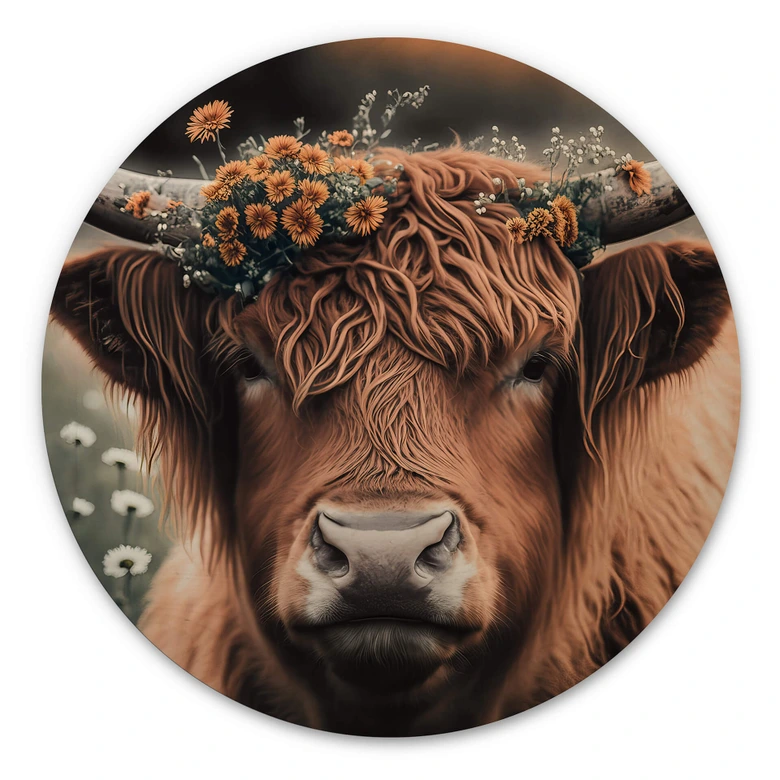 Tableau sur bois Treechild - Vache Highland avec couronne de fleurs - Rond 