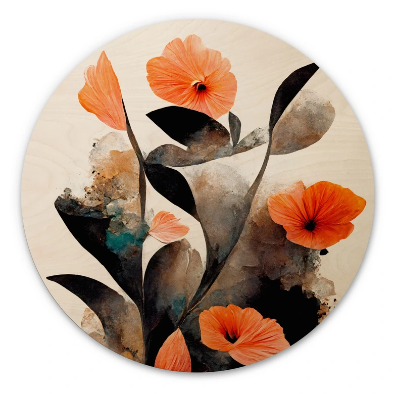 Cuadro de madera amapolas rojas coral - Treechild - Redondo 