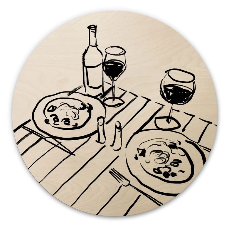 Holzbild Stillleben-Dinner mit Wein - Treechild - Rund 