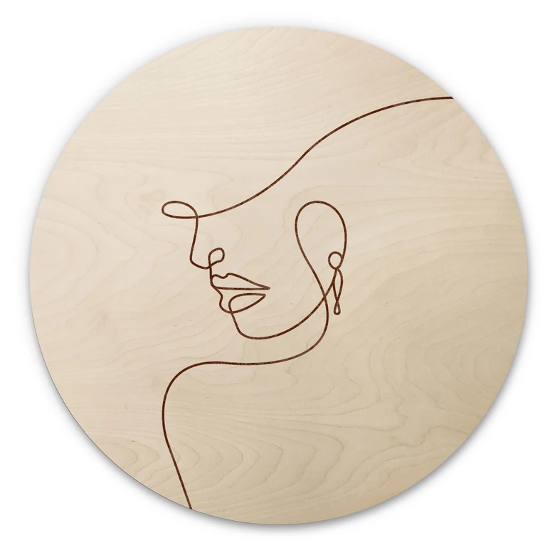 Holzbild Zarte Konturen einer Frau - Line Art - Tunaboylu - Rund 