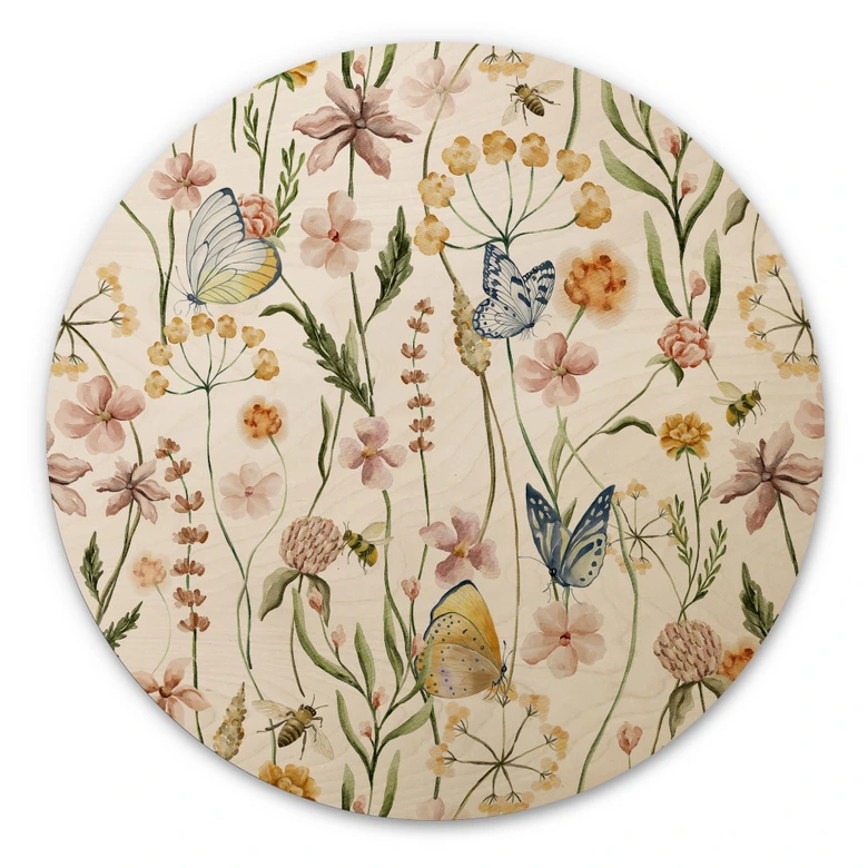 Wall Circle Wood Spring meadow with butterflies - UN Designs 