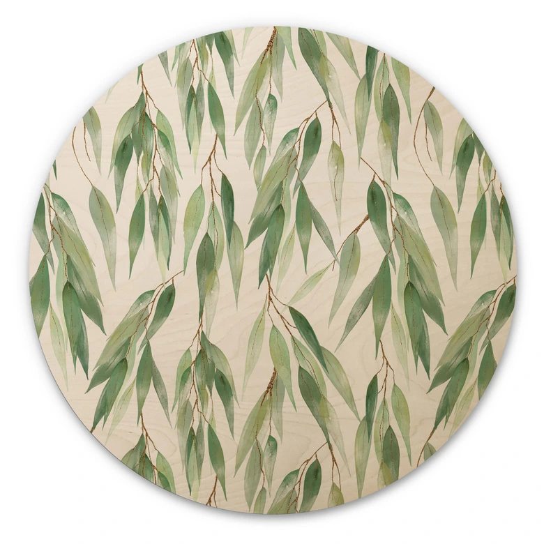 Holzbild Zweige mit grünen Blättern - UN Designs - Rund 