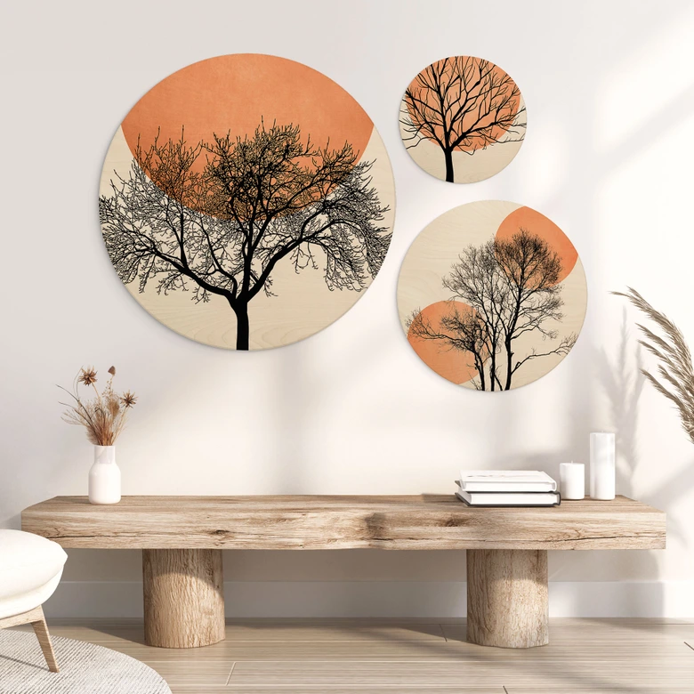 Holzbilder-Set Kubistika - Warmer Sonnenuntergang in Pfirsichfarben (3-teilig) - Rund 