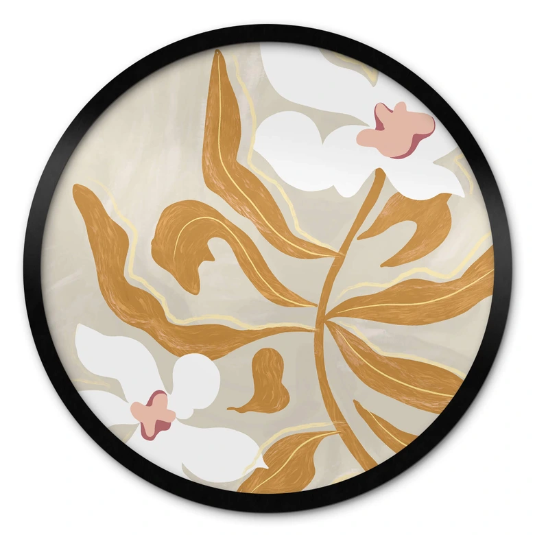 Blumen Poster Weiße Blüte und goldene Blätter Rund - Arty Guava 