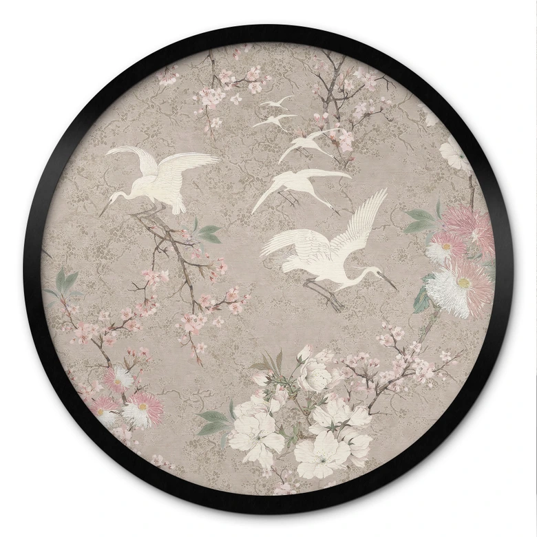 Poster Tranor i körsbärsblom Rush Beige - Blomstersmycke - Dekor - Rund 