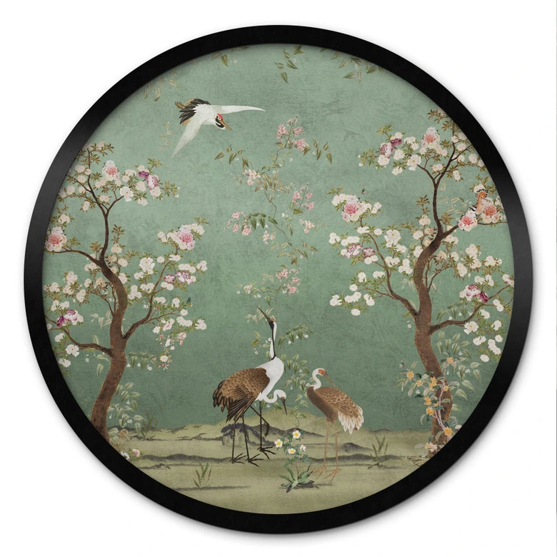 Poster Kraniche in floraler Landschaft - Bloomery Decor - Rund 