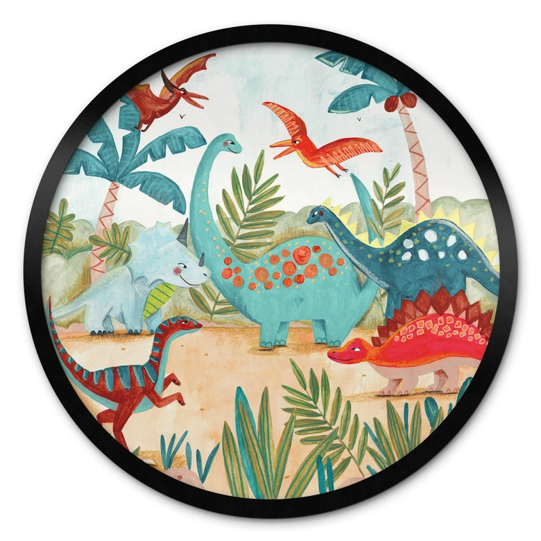 Kinderposter Farbenfrohe Dinosaurier im Urzeitwald - Bonne Müller - Rund 