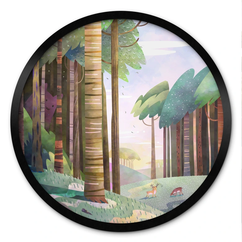 Poster Sonniger Wald mit Hirsch - DigitalArtsi - Rund 
