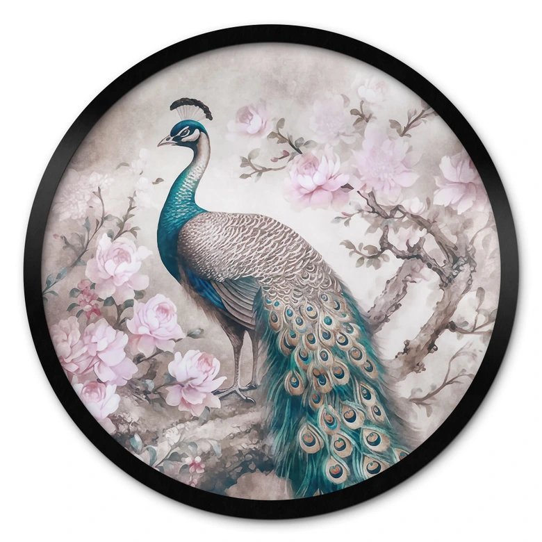 Poster Edler Pfau mit Blüten - Haase - Rund 