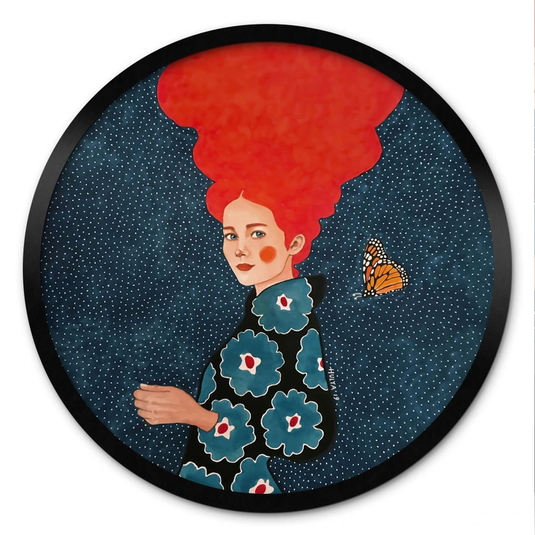 Poster Frau im Blumenkleid mit Schmetterling - Hülya - Rund 