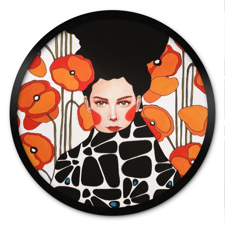 Plakat kvinde med retro valmueblomster - Hülya - Rund 