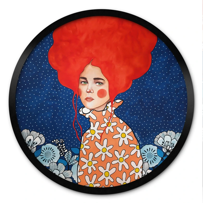 Poster Frau mit rotem Haar und Blüten - Hülya - Rund 