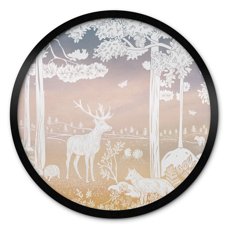 Poster Friedlicher Wald mit Hirschen und Füchsen - Ombre - Kikki Belle - Rund 
