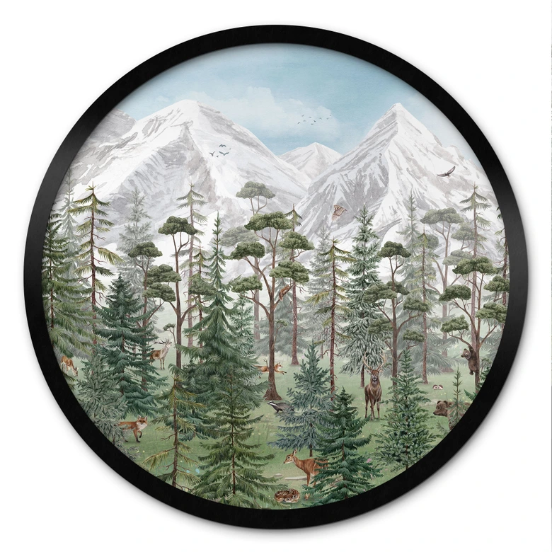 Kinderposter Waldtiere im grünen Alpenwald - Kikki Belle - Rund 