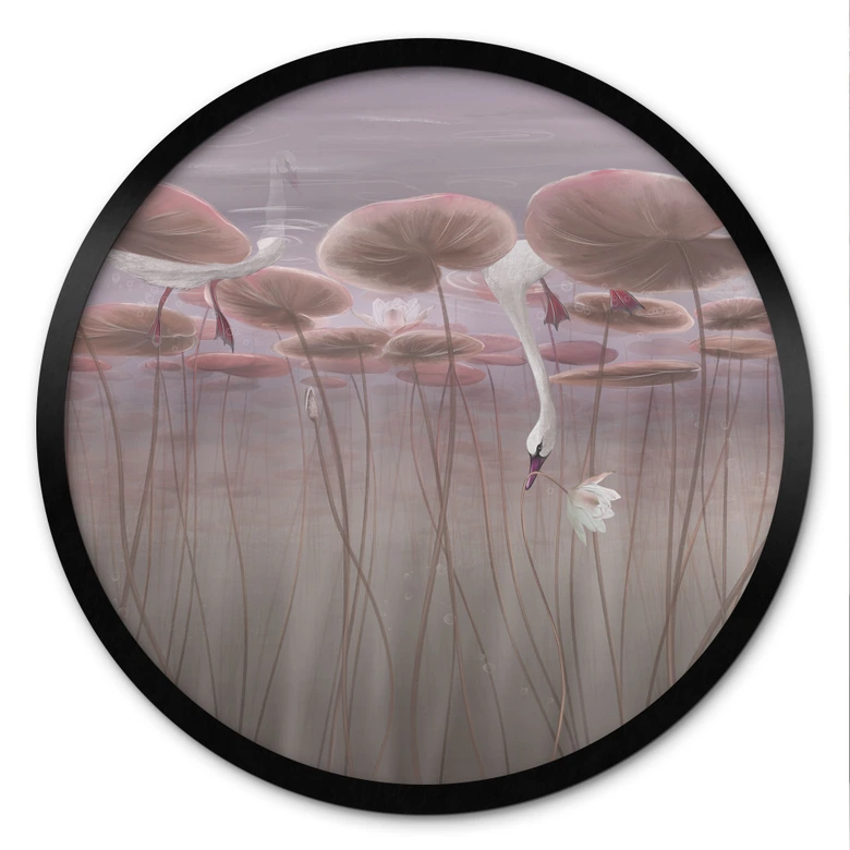 Poster lotusbloemen met zwaan in water in donkerroze - Ms Tiff - Rond 