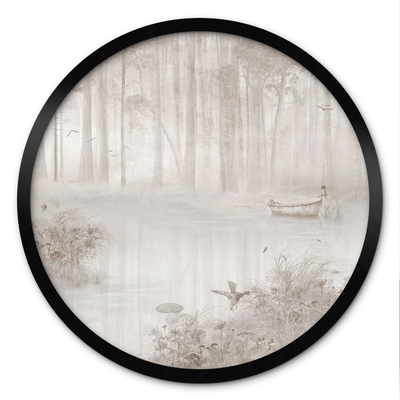 Poster Wald am See im Nebel in Beige - Ms Tiff - Rund 