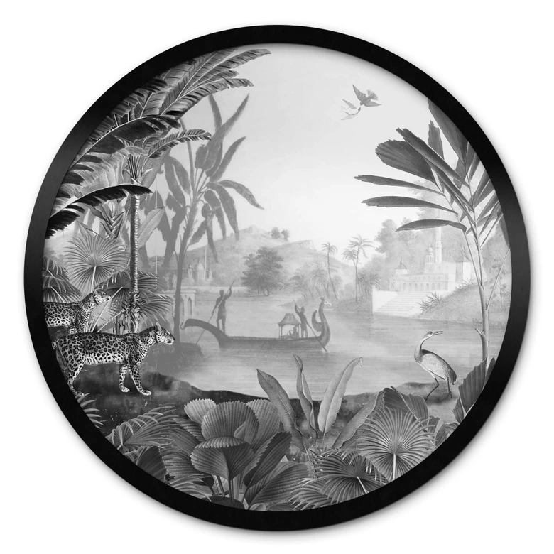 Poster Sir Edward - Landschaft mit Leoparden schwarz weiss - Rund 