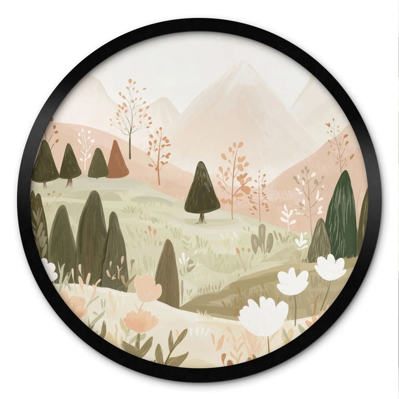 Plakat pastelfarvet bjerglandskab med blomster - Treechild - Round 