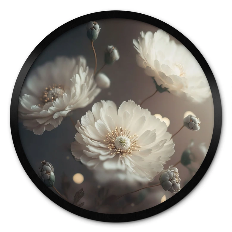 Poster Weiße Blumen mit Goldstaub - Treechild - Rund 
