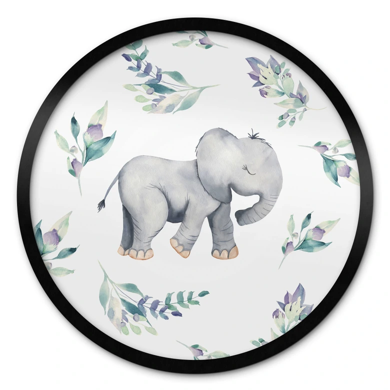 Poster Niedlicher Babyelefant zwischen Boho-Zweigen - UN Designs - Rund 