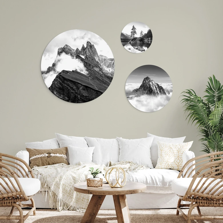 Rundes Wandbilder-Set Berggipfel in den Wolken - Schwarz-weiß (3-teilig) - Alu-Dibond 